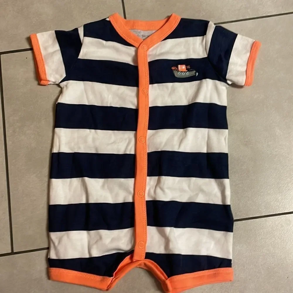 Carters boy navy blue and white striped onesie.